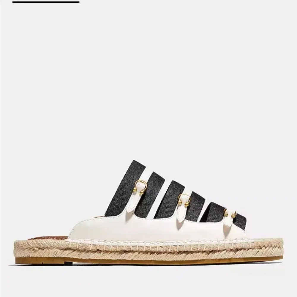 COACH Devon Espadrille Sandal Leather Slip On Slide Shoe Black White Sz 5 NEW